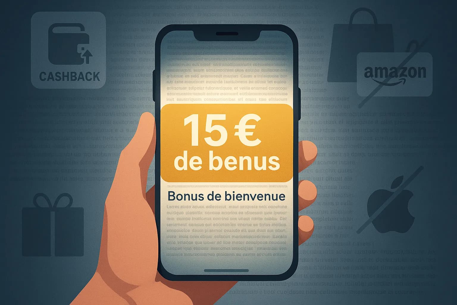 Illustration montrant un smartphone affichant « 15 € de bonus » avec en arrière-plan des petites lignes de texte floues symbolisant les conditions cachées des offres de bienvenue des applications de cashback.