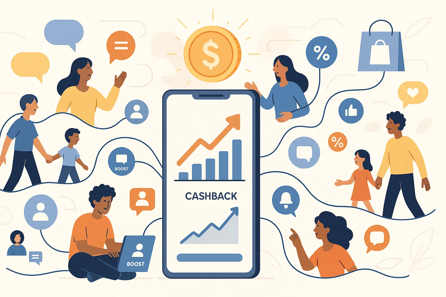 Capture d’écran fictive montrant cinq applications de cashback ouvertes côte à côte sur un smartphone, illustrant la comparaison en temps réel par la communauté