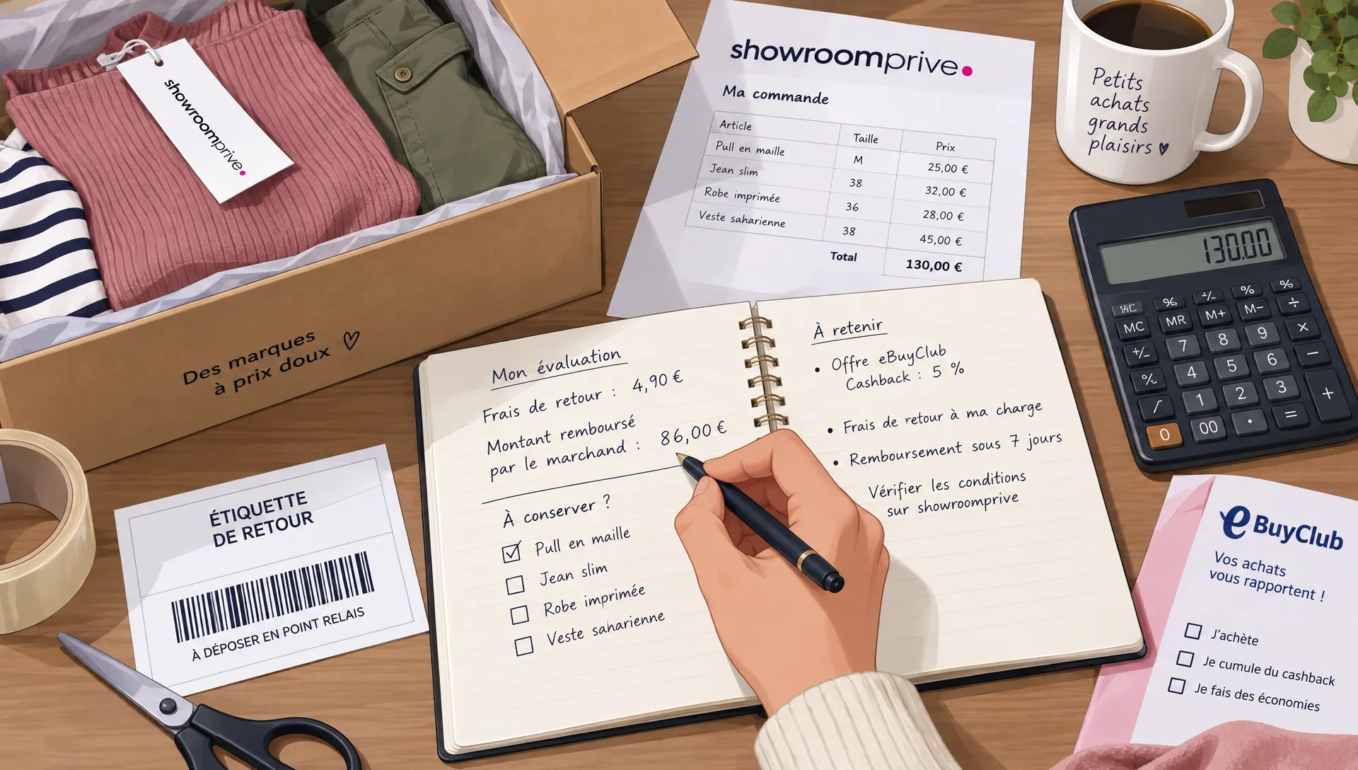 Une main note des frais de retour dans un carnet près d’une facture et d’un colis ouvert pour évaluer une offre ebuyclub showroomprive.