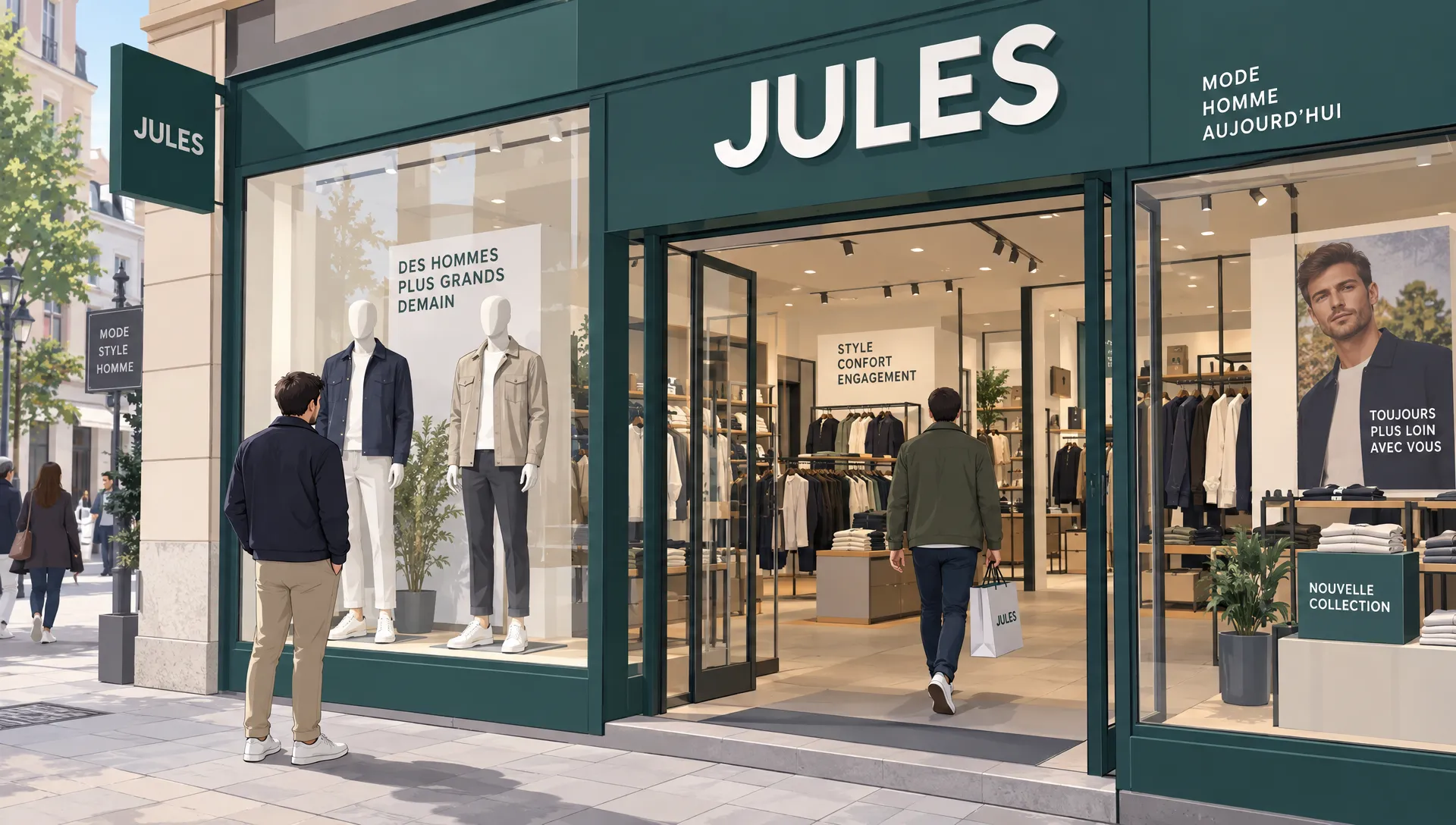 Un jean, une chemise et une veste sont disposés près d’un mètre ruban et d’une fiche de mesures pour vérifier la taille avant une commande Jules.
