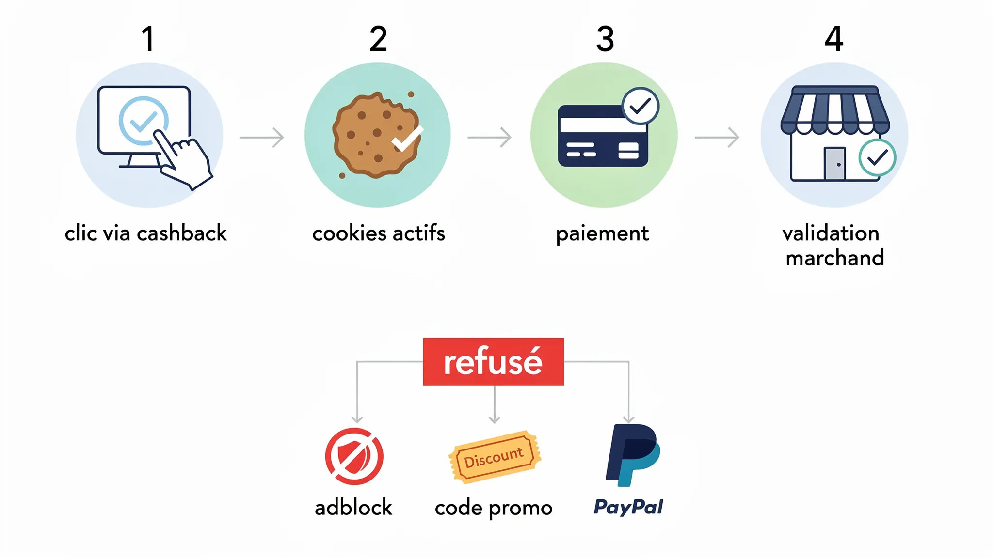 Illustration d’un parcours d’achat cashback avec quatre étapes simples, icônes “clic via cashback”, “cookies actifs”, “paiement”, “validation marchand”, et un panneau “refusé” associé aux points de rupture possibles (adblock, code promo, PayPal).