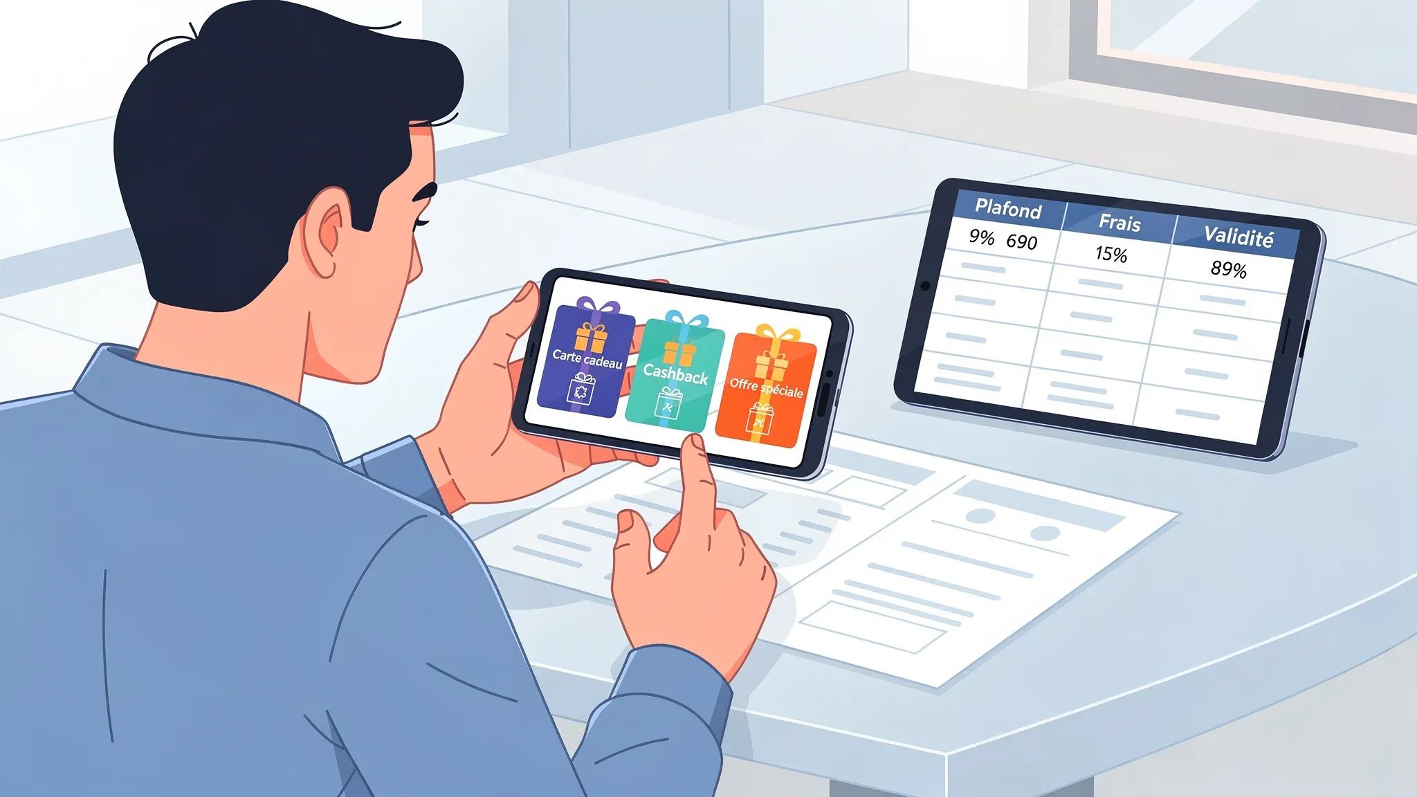 Une personne compare sur son smartphone plusieurs offres de cartes cadeaux et de cashback, avec un tableau de conditions (plafond, frais, validité) affiché de façon lisible. Le téléphone est tenu face à la personne et l’écran est orienté dans le bon ...