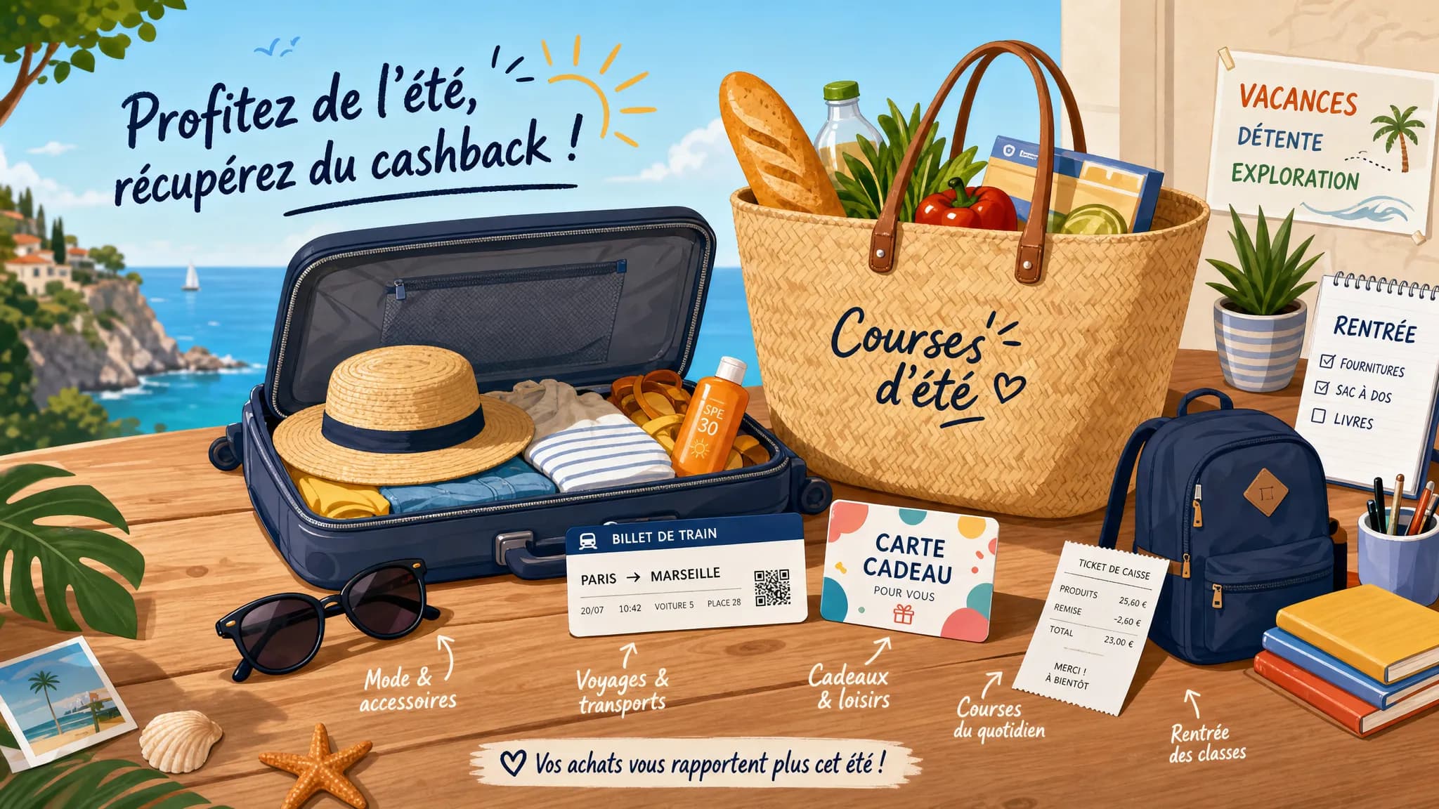 Un calendrier d’été posé à plat avec des pictogrammes de valise, panier de courses, parasol, ordinateur portable et ticket de caisse, illustrant les principales catégories de cashback à surveiller.