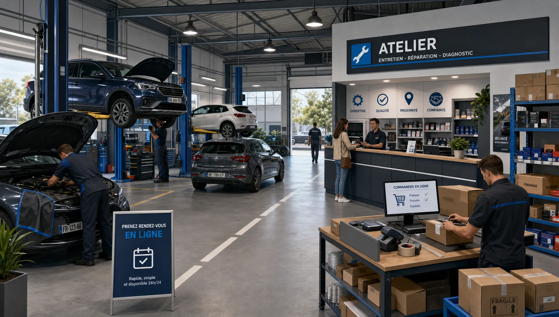 Sur un établi de garage, des filtres, des plaquettes de frein et un bidon d’huile entourent un smartphone ouvert sur une offre de cashback Oscaro, avec une facture à côté.