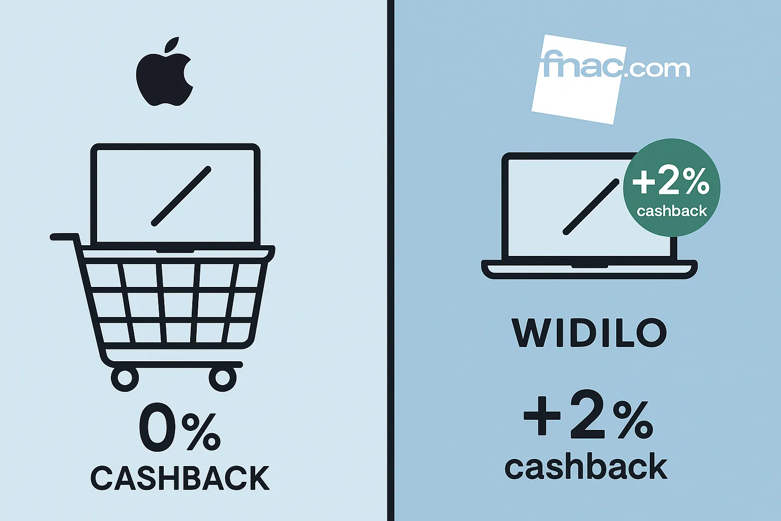 Montage visuel divisant l’écran en deux : à gauche un panier Apple Store affiché à 0 % de cashback, à droite le même MacBook acheté chez Fnac.com avec une pastille « +2 % cashback Widilo ».