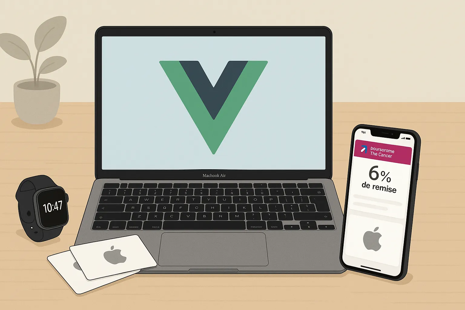Vue d’un bureau minimaliste avec un MacBook Air, une Apple Watch et des cartes cadeaux Apple posées à côté d’un iPhone affichant l’app Boursorama The Corner avec le taux de remise visible.