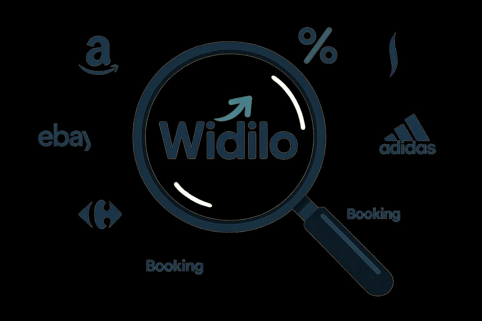 Illustration montrant une loupe focalisée sur le logo Widilo au milieu d’icônes de marques connues, symbolisant la recherche du meilleur taux de cashback.