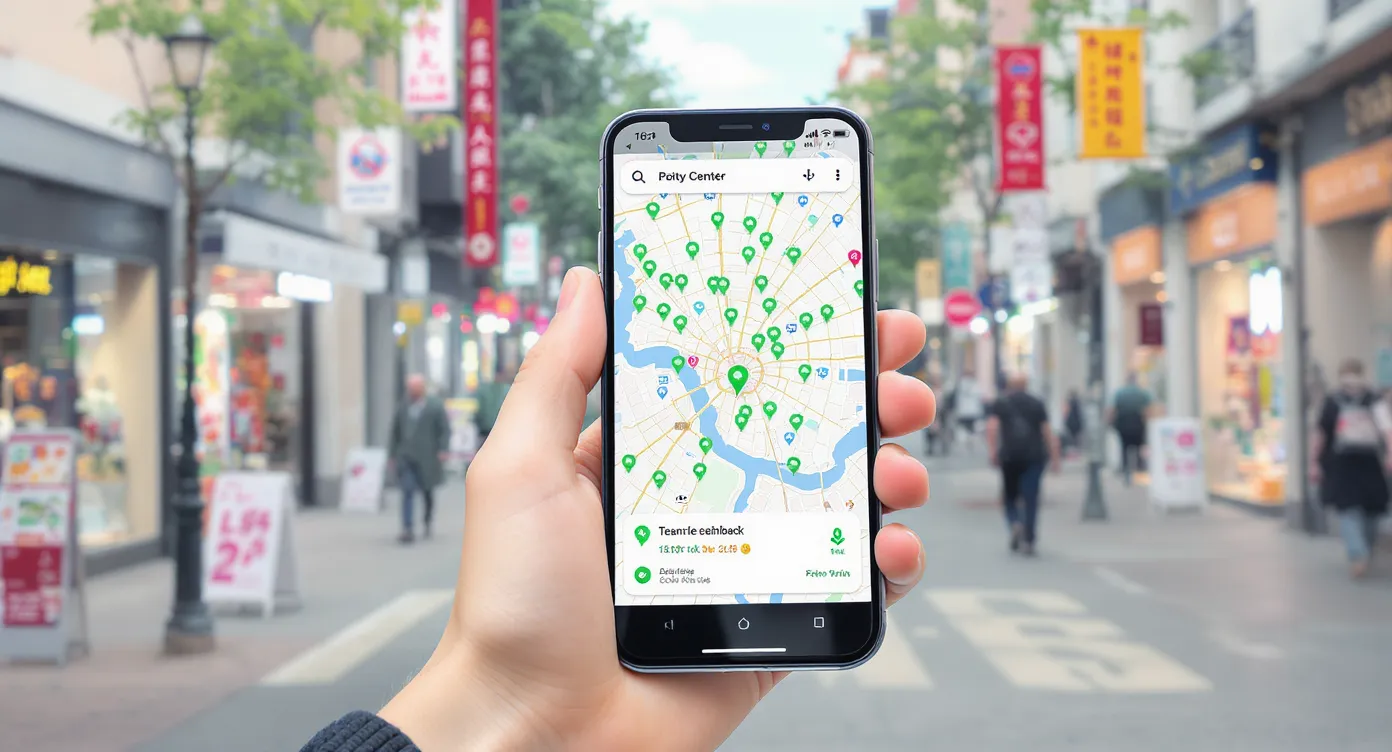 Une interface mobile affiche une carte de centre-ville avec plusieurs pastilles vertes indiquant des taux de cashback en temps réel, tandis qu’un utilisateur tient le smartphone dans une rue commerçante.