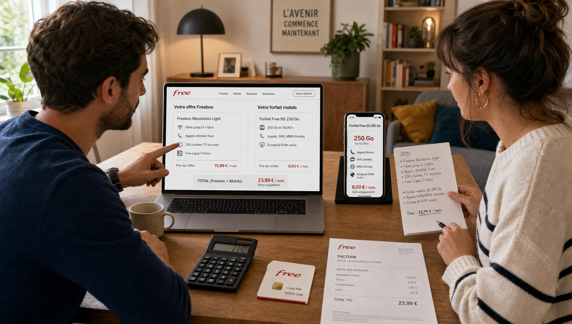 Un utilisateur compare les offres de cashback Free pour une box internet et un forfait mobile sur un ordinateur, avec un téléphone posé à côté.