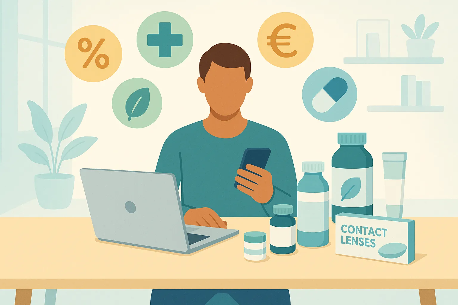 Jeune femme consulte sur smartphone les taux de cashback des pharmacies en ligne, avec tubes et flacons dermocosmétiques posés sur une table