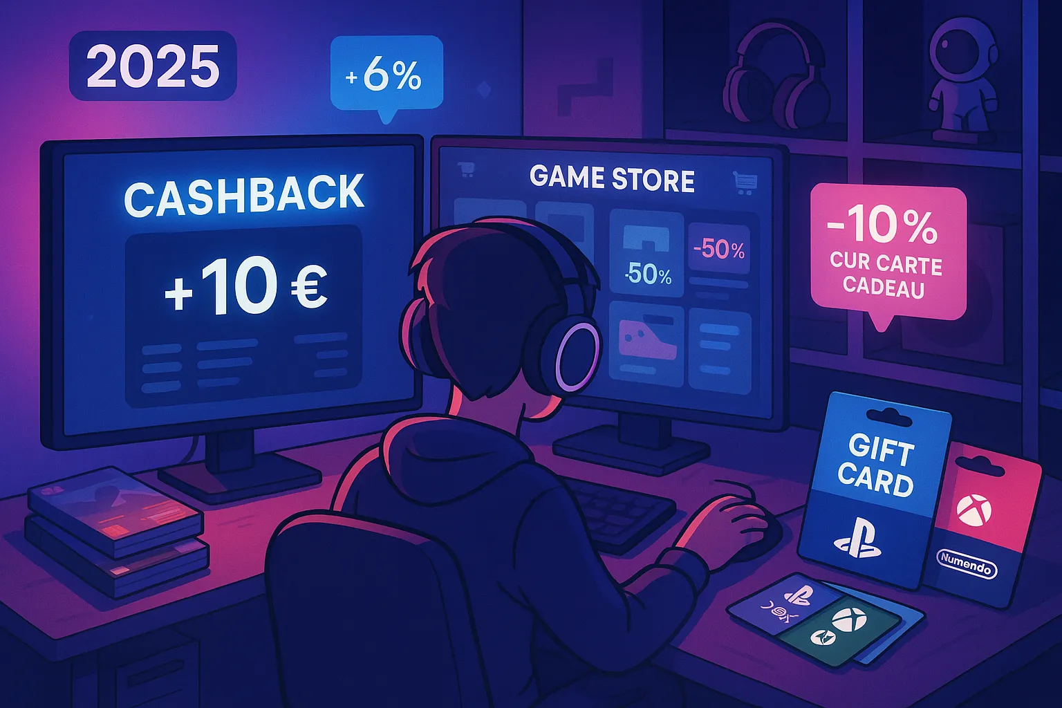 Illustration d’un joueur rechargeant son portefeuille PlayStation avec une carte cadeau numérique, un smartphone affichant l’appli de cashback Joko montrant 10 € de gains, le tout dans une ambiance néon bleue