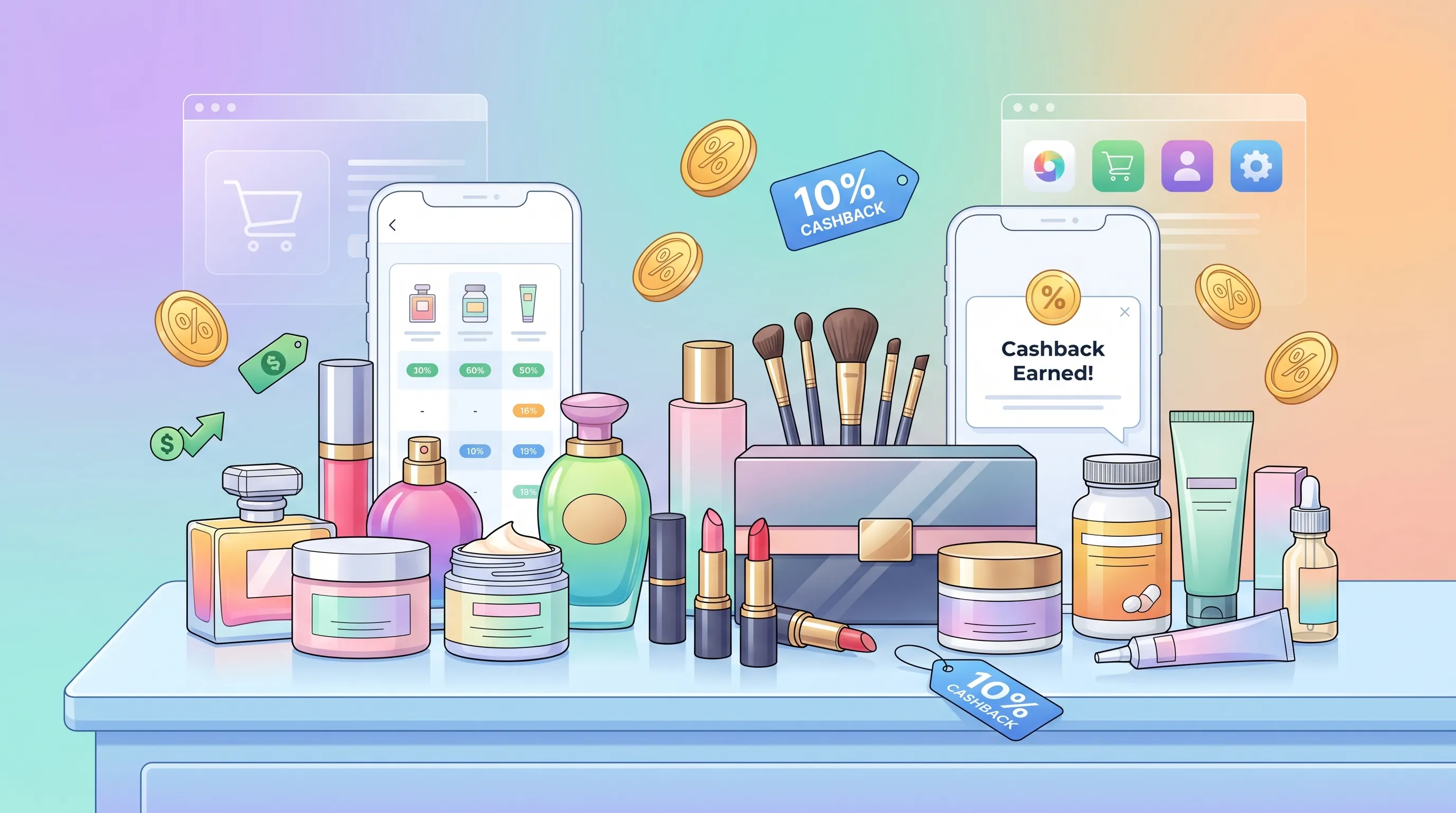 Un assortiment de produits beauté — parfums, soins visage, rouges à lèvres et accessoires de maquillage disposés sur une table, avec des étiquettes indiquant des économies et du cashback.