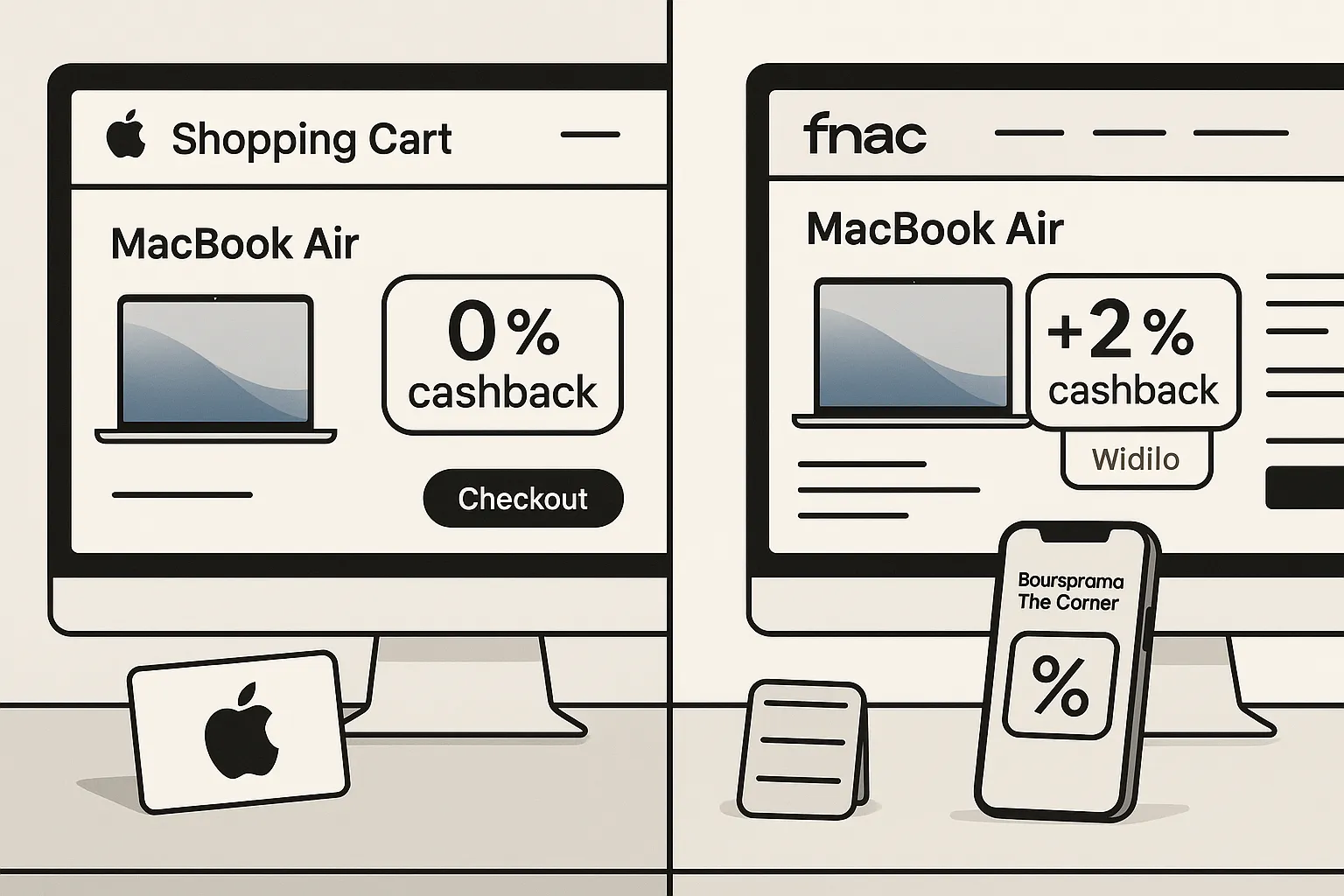 Vue d’un bureau minimaliste avec un MacBook Air, une Apple Watch et des cartes cadeaux Apple posées à côté d’un iPhone affichant l’app Boursorama The Corner avec le taux de remise visible