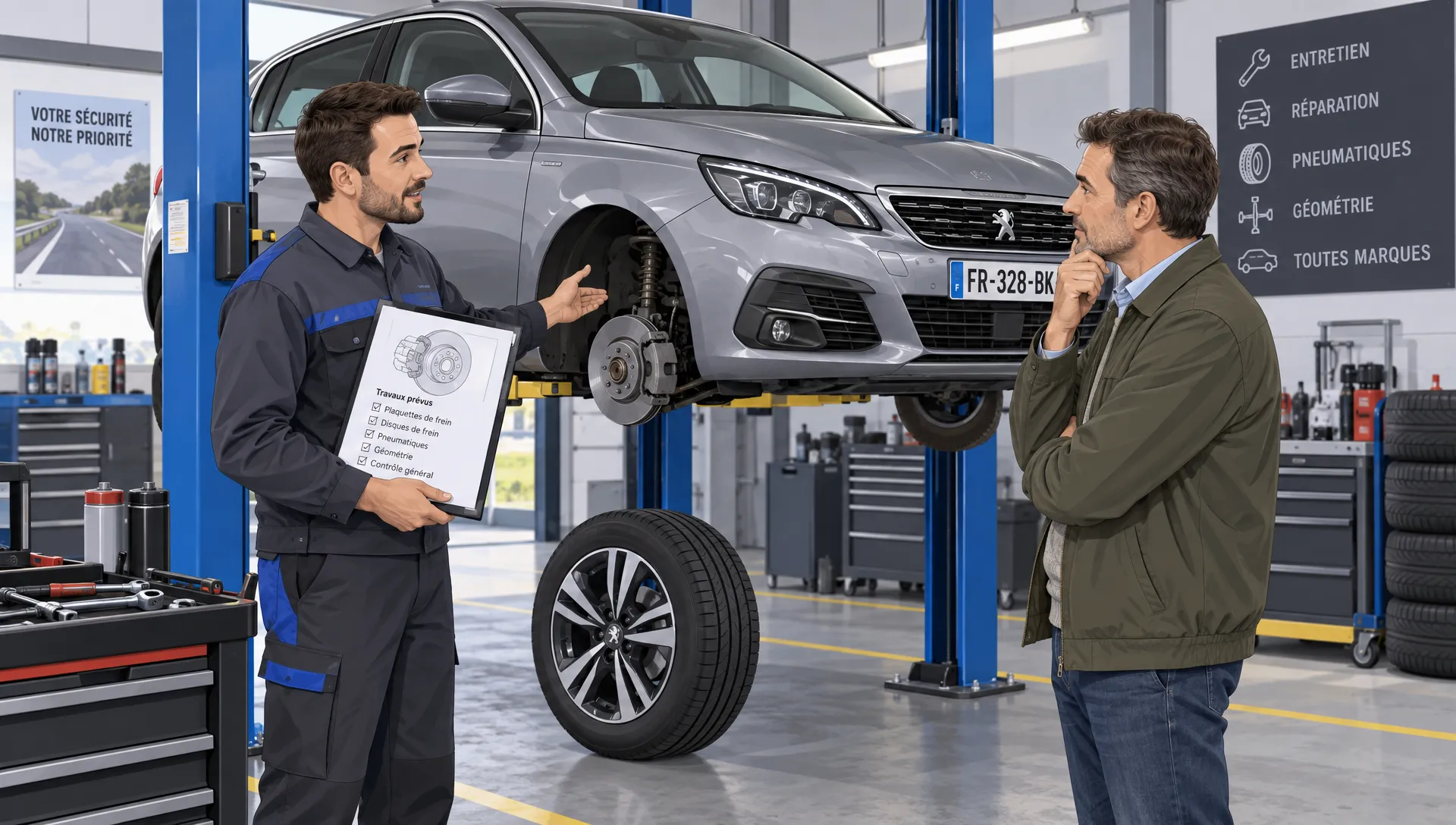 Deux pneus, de l’huile moteur, un filtre et des balais d’essuie-glace sont réunis dans un atelier, avec un devis séparant pièces et main-d’œuvre à vérifier avant un cashback Norauto.