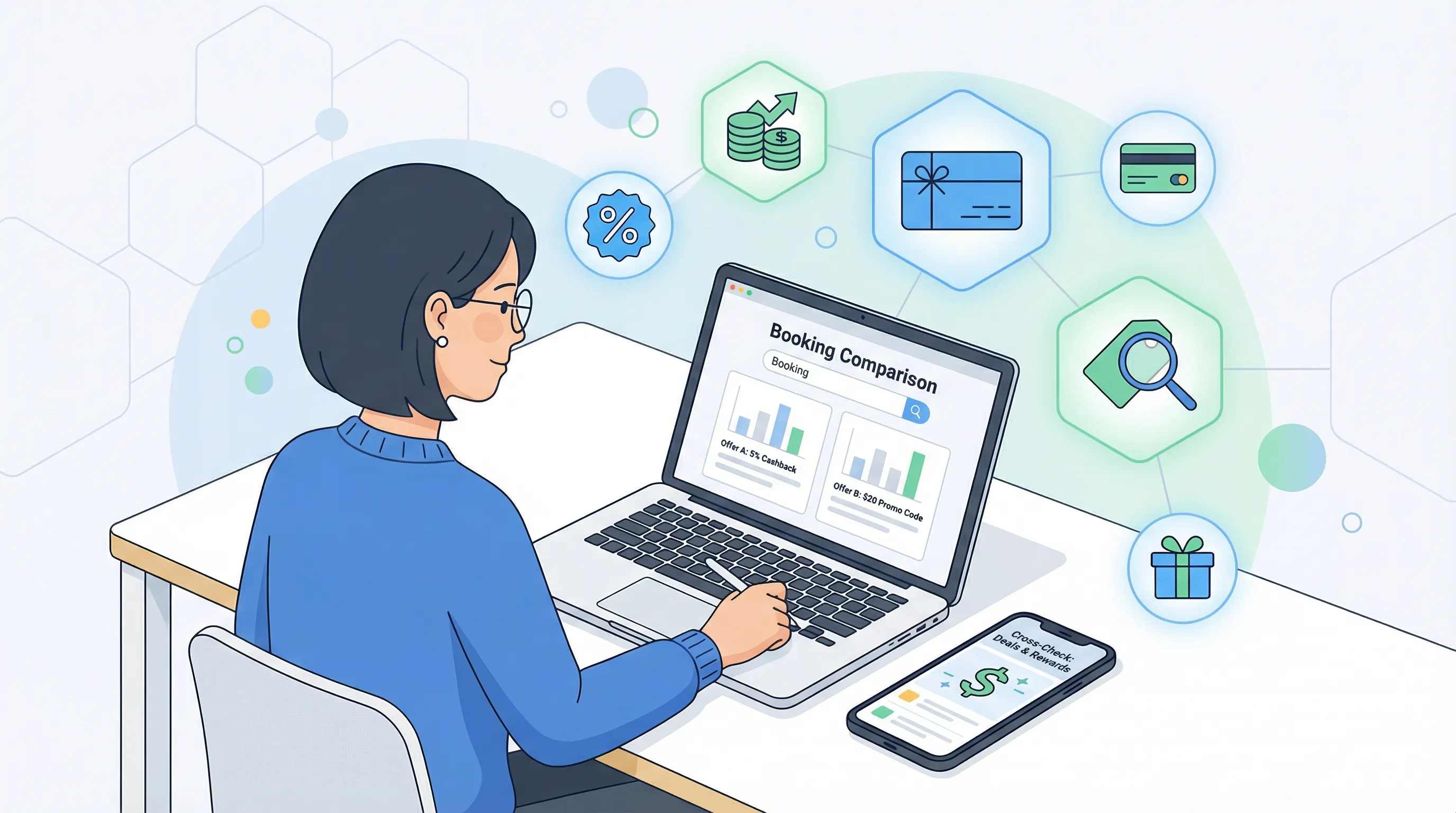 Réservation d’hôtel affichée sur un ordinateur portable avec un smartphone posé à côté et un pictogramme de cashback en surimpression ; écrans neutres et non lisibles (illustration générique).